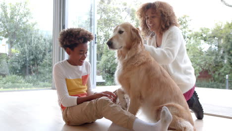 happy african american mother and son sitting on floor, petting dog, slow motion