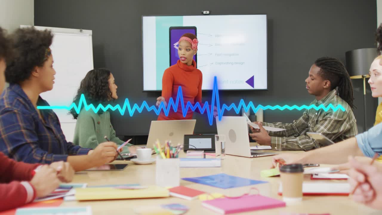 Lead leading product review, pointing phone slide, passing doc while waveform pulses syncing speech