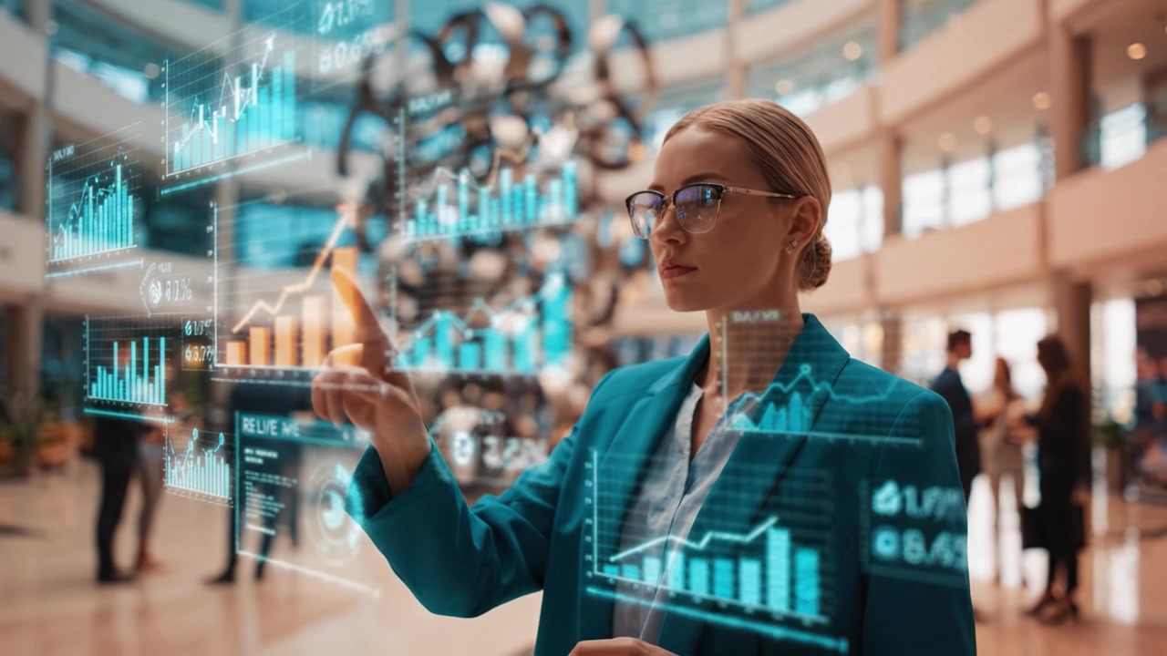 Business Professional Analyzing Data Visualization in Modern Corporate Environment, Focused on Analytics and Metrics for Strategic Decision-Making