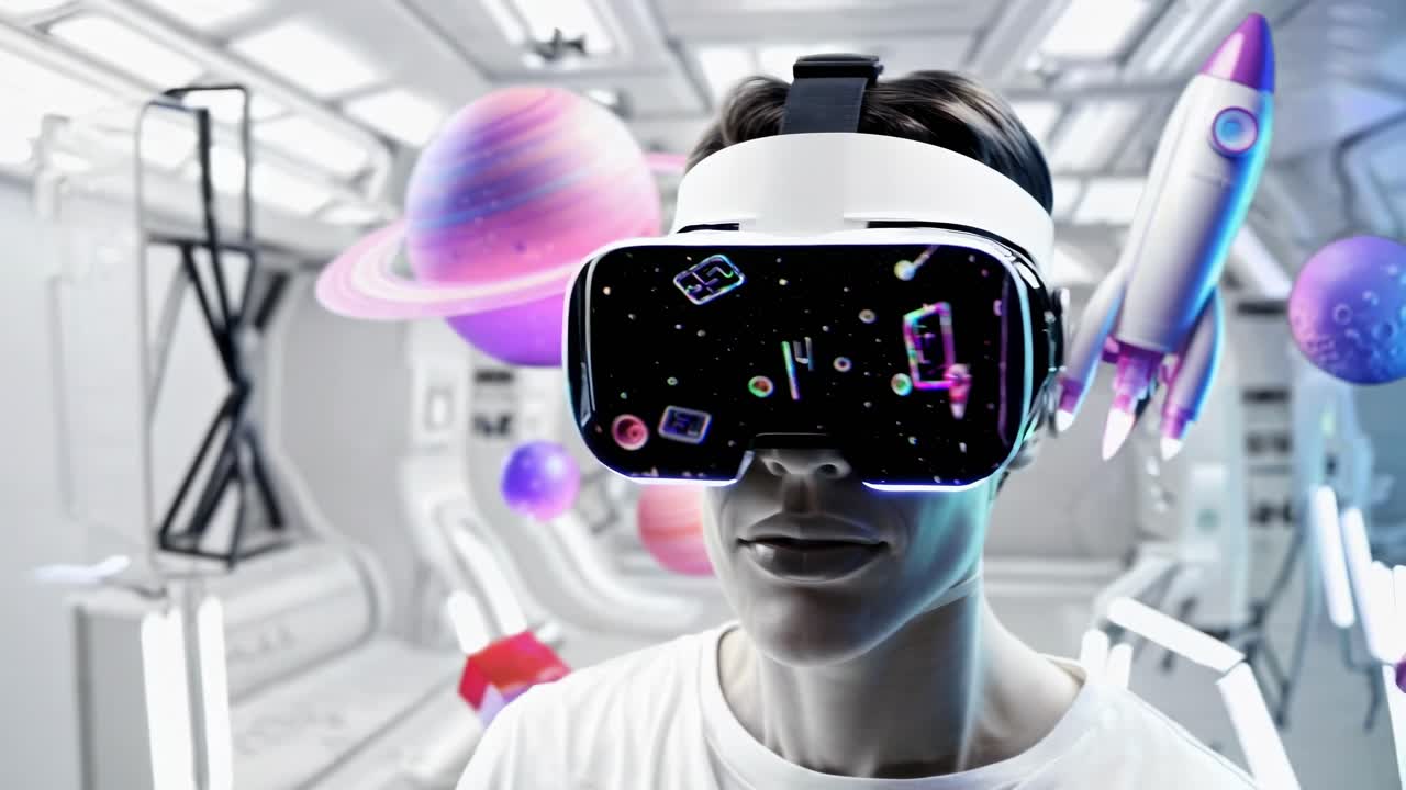 Primo piano di una persona che indossa un visore VR in un ambiente futuristico, mentre esplora un mondo digitale
