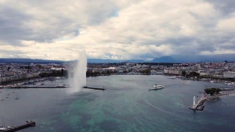 aerial pullback lake geneva and city with famous jet d'eau fountain