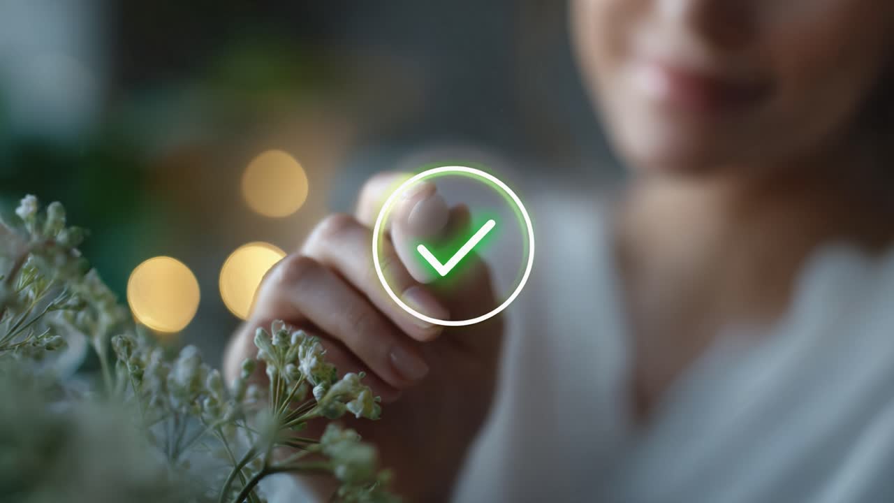 A person gently touches a flower, displaying a glowing green checkmark, symbolizing confirmation or approval, with beautifully blurred sparkling lights in the background