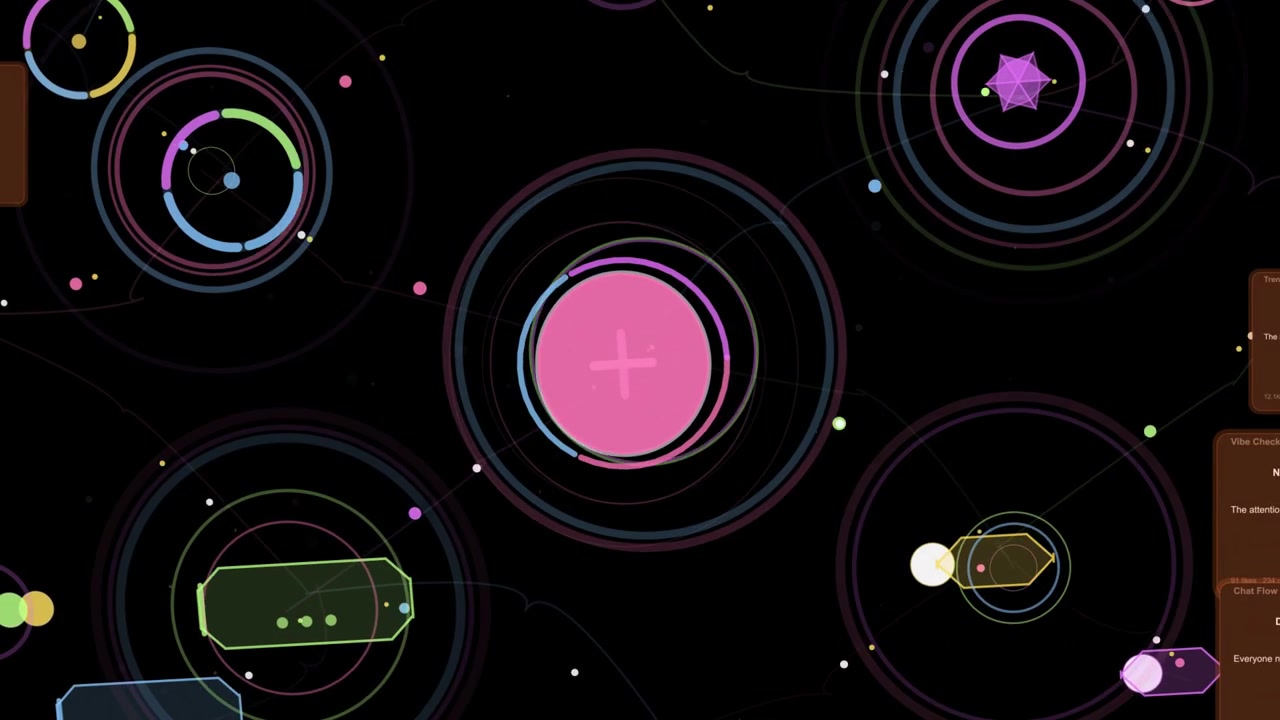 Central pink node pulsing, initiating linking, nodes orbiting, panels stacking, indicating updates