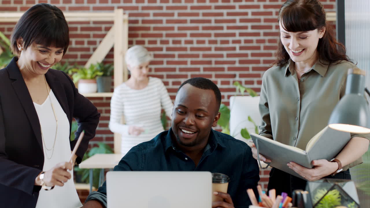 Business people, laughing or laptop in modern