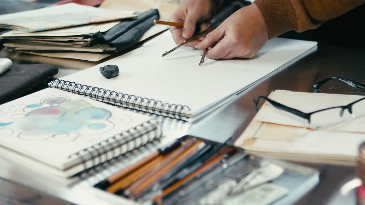The designer uses a compass to measure distances on his sketch