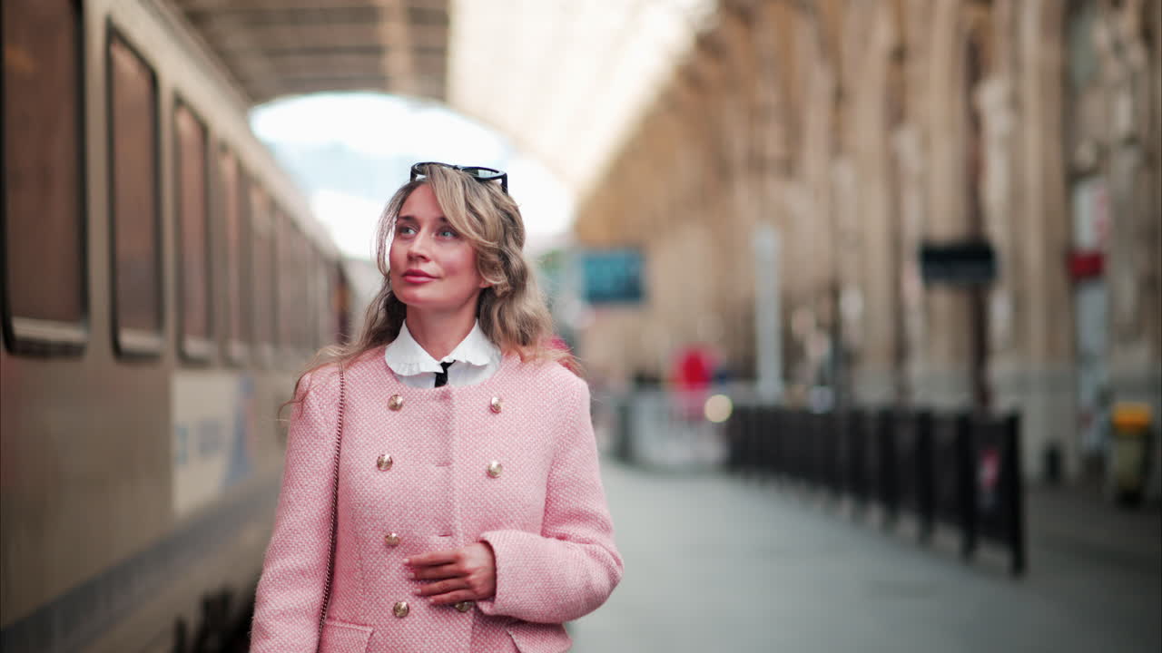 Woman in a pink blazer walking through the Nice train station in France