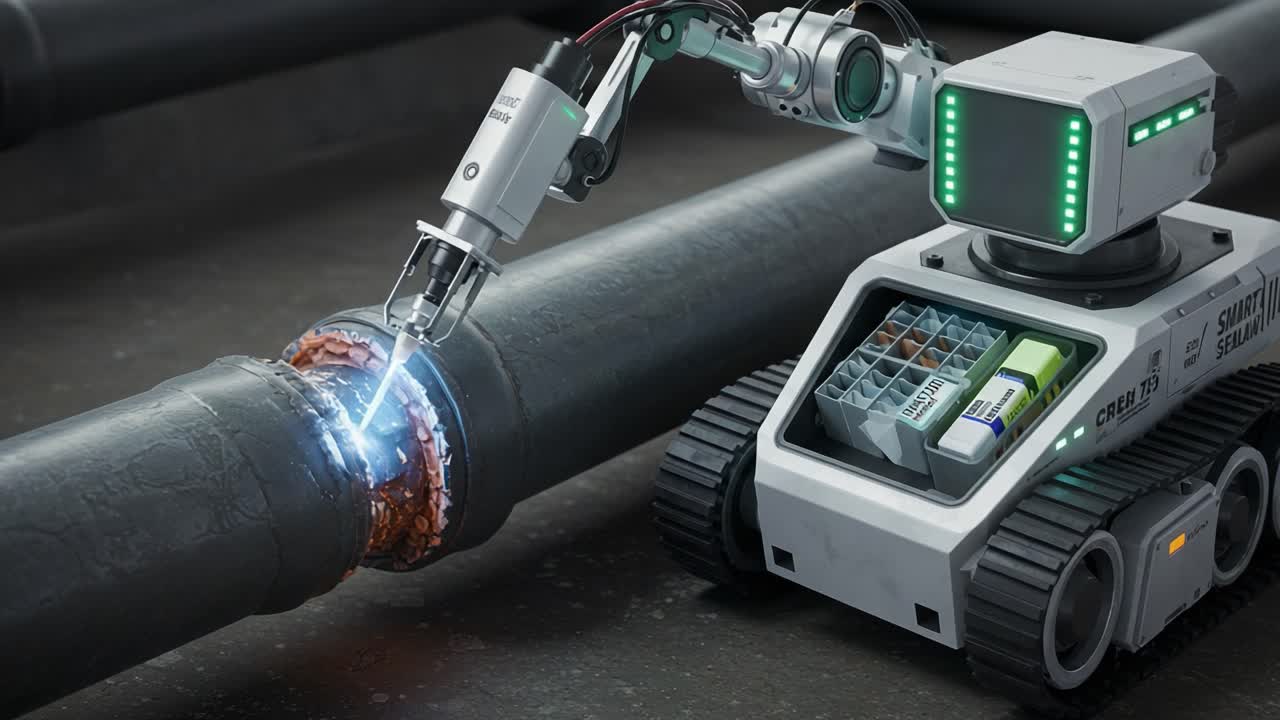 A High-Tech Robotic Mechanism Engaged in Precision Repair Tasks on Industrial Pipelines, Demonstrating Advanced Technological Capabilities in Automation and Maintenance