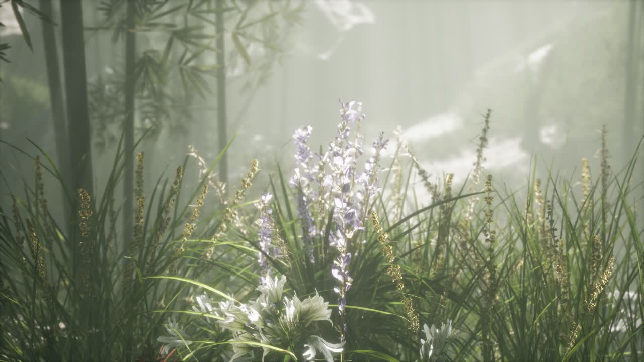 잔디 꽃 필드와 부드러운  ⁇ 빛을 배경으로.