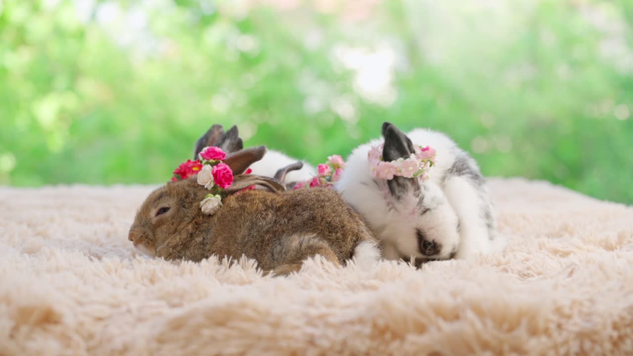 아기 부활절 털털 토끼의 그룹은 녹색 bokeh 자연 배경으로 밝은 갈색 카에 앉아 토끼 귀에 꽃 왕관을.  토끼 청소 몸과 tough. 절단 동물 애완동물.