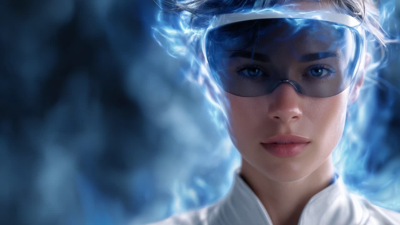 A captivating portrayal of a futuristic scientist, adorned with specialized eyewear, surrounded by a dynamic display of blue lightning energy and ethereal visuals