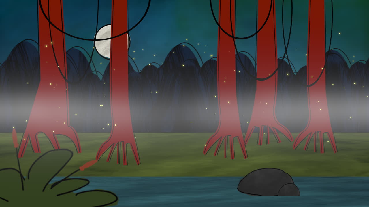 Cartoon animation background with forest and swamp 1