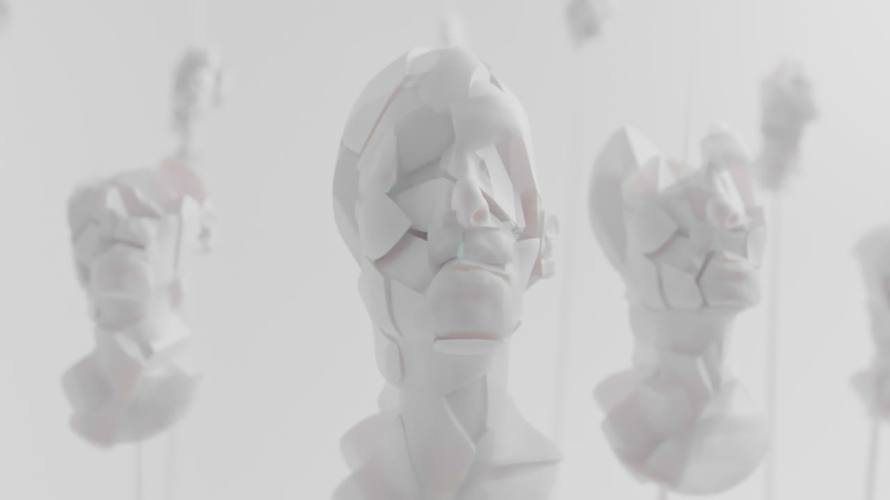 Multiple crushed android heads on spikes in white space