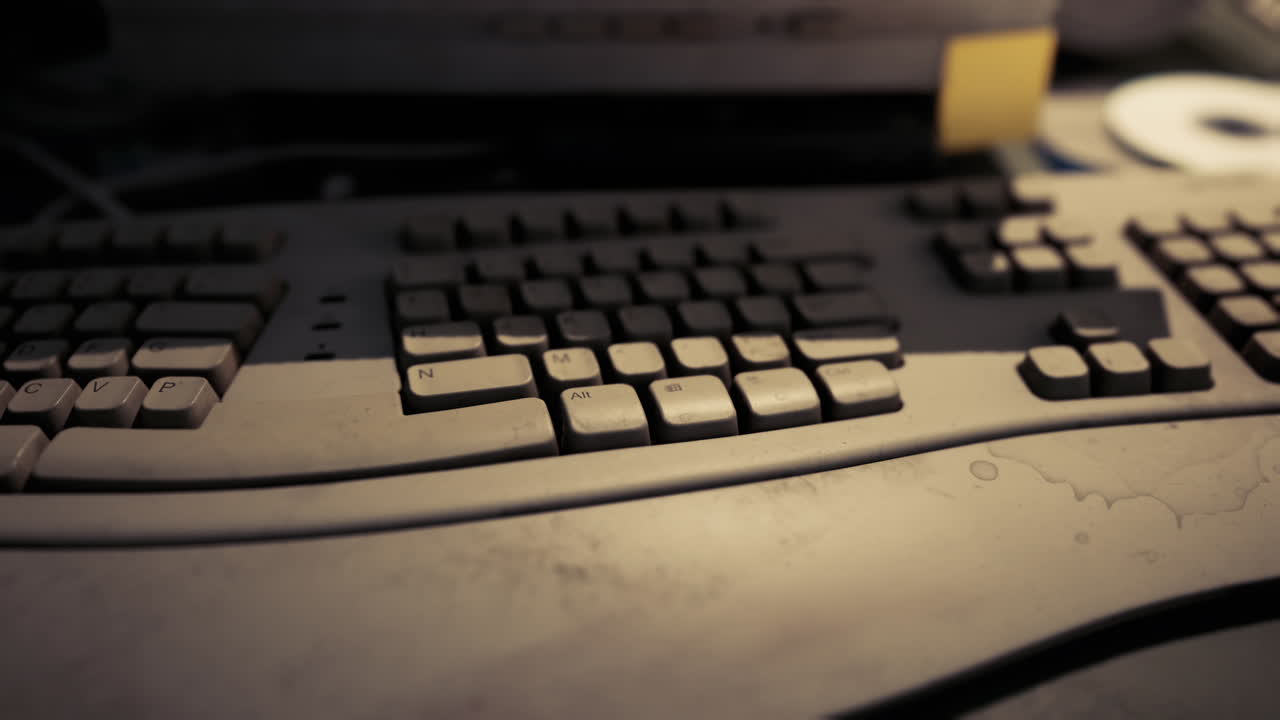 밤에는 따뜻한 조명이 있는 망진창한 책상 위의 먼지 가득한 키보드