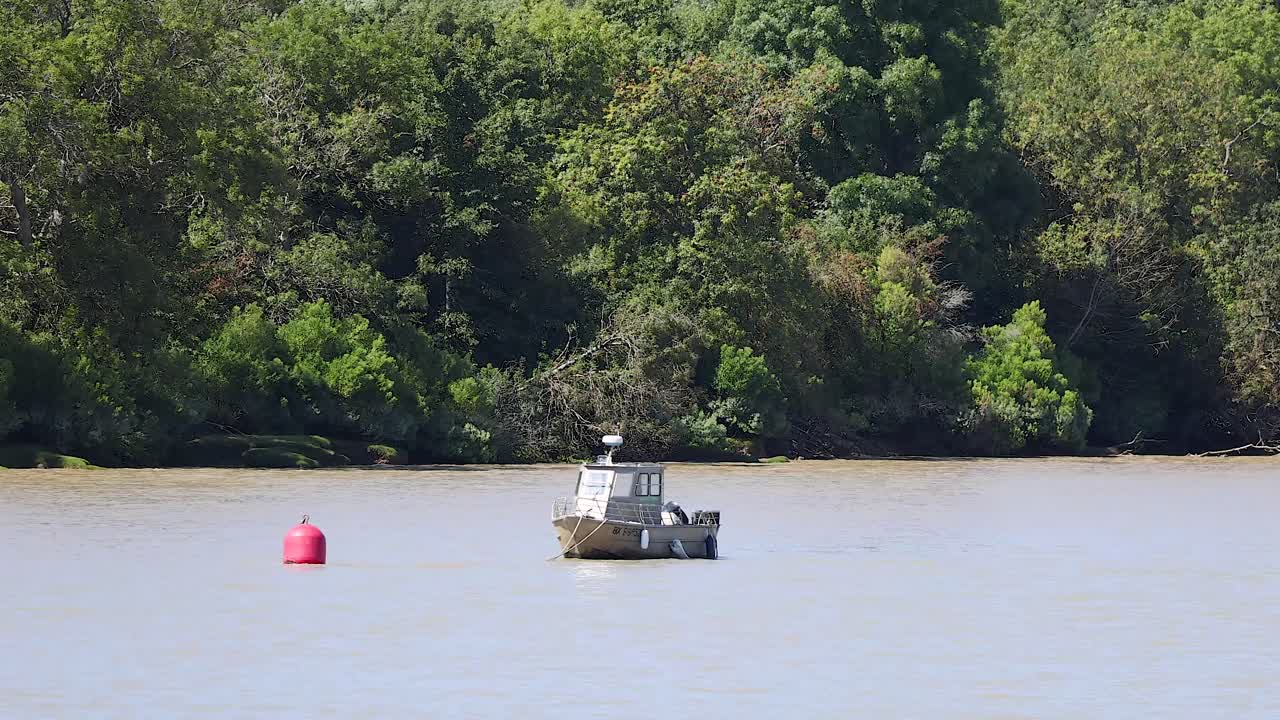 pequeño barco moviéndose cerca de la boya roja