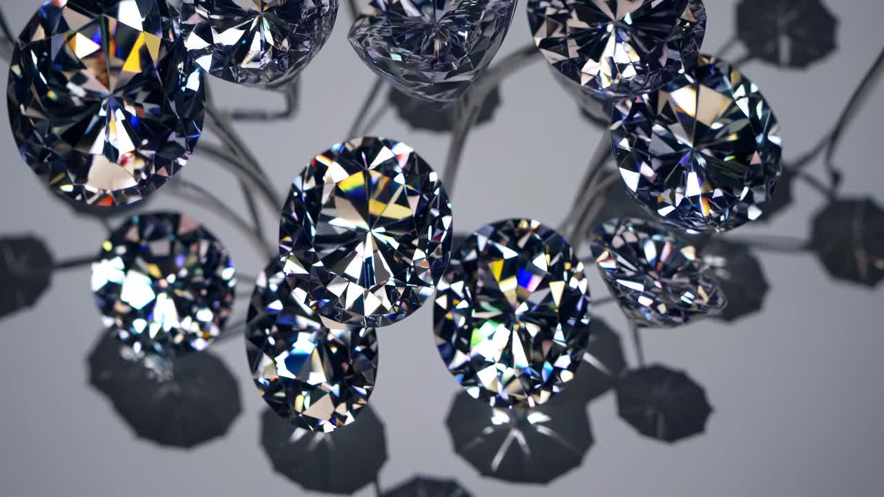 Diamanti brillanti che scintillano e ruotano su una superficie riflettente