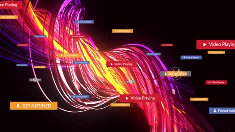 Animation of social media reactions over red and yellow lines on black background