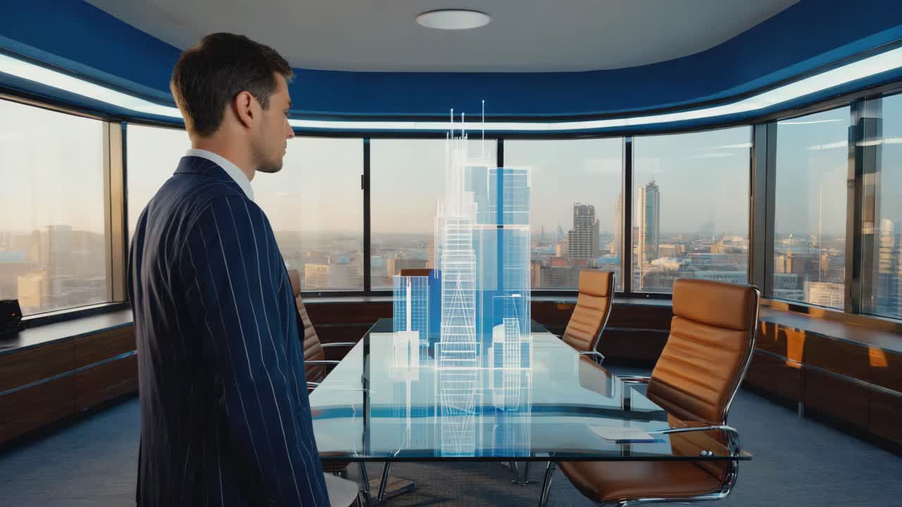 Businessman reviewing architectural hologram in modern office