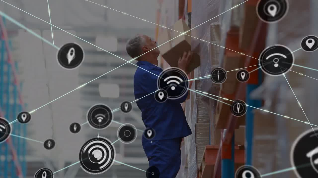 animación de la red de conexiones sobre el hombre caucásico en el almacén