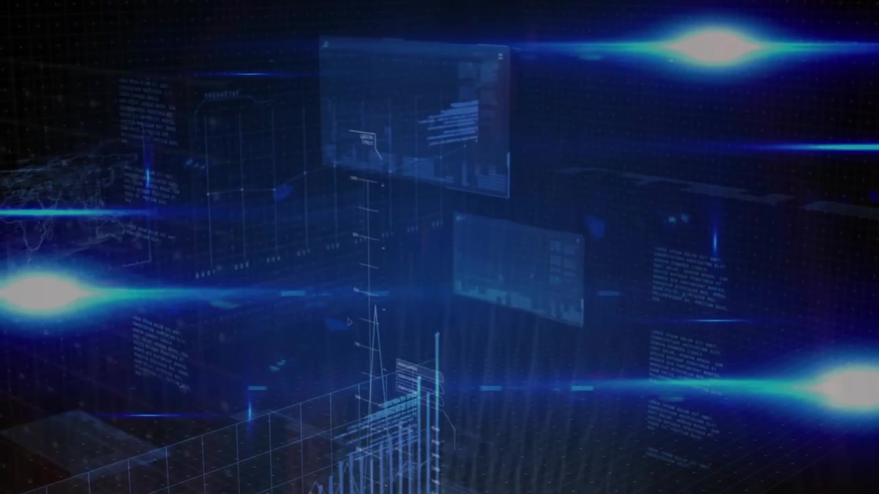 Blue flares sweeping grid revealing panels, bar charts and map, camera shifting revealing 3D layers