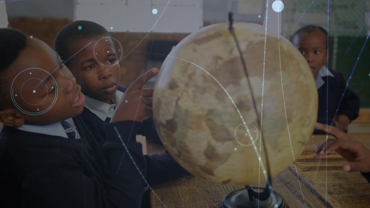 Animation af forbindelsesnetværk over afroamerikanske skolebørn med globus