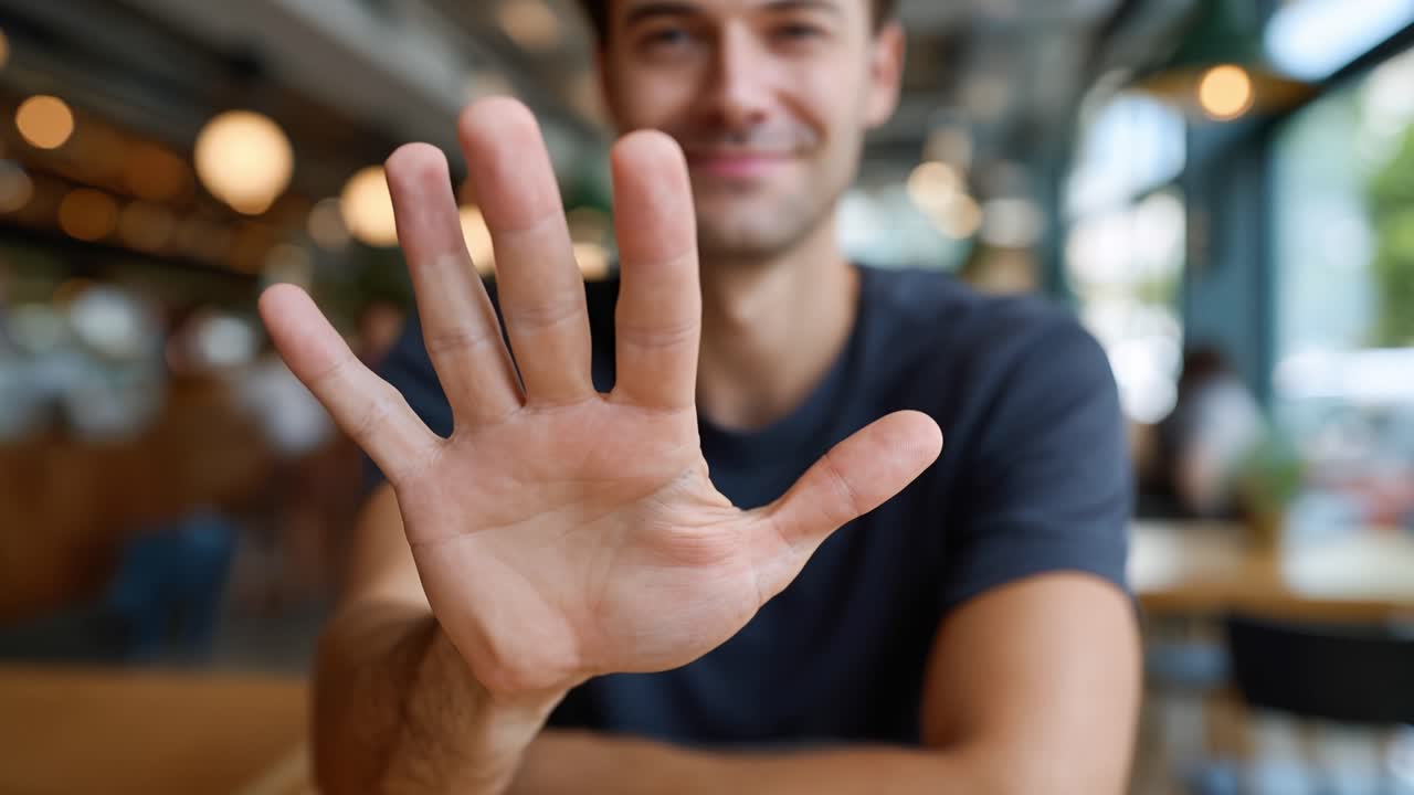 Un uomo sorride calorosamente alla telecamera. Alza la mano, con le dita chiuse. Poi apre il palmo, saluta delicatamente. Un gesto casuale e amichevole per i social media. Perfetto per immagini aziendali o di saluto