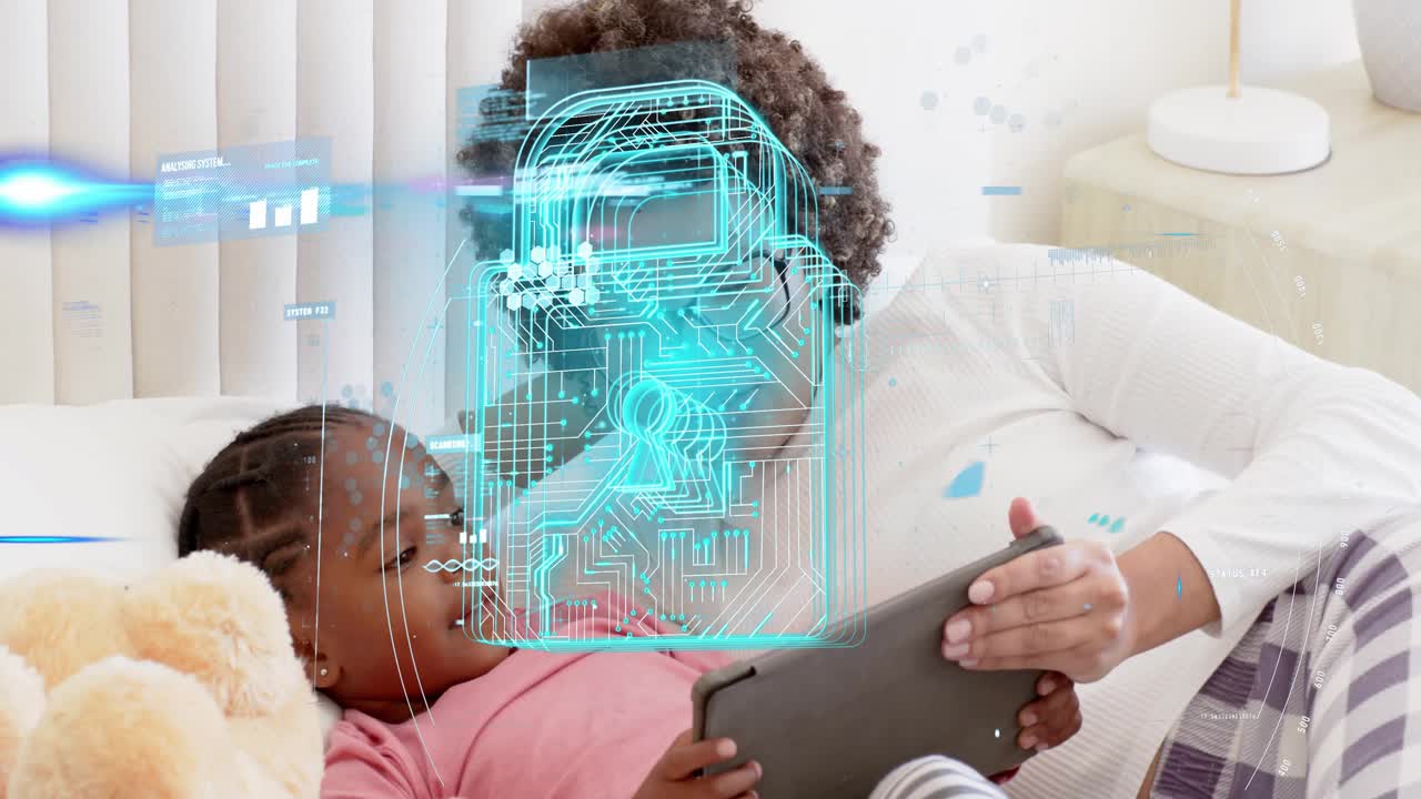 Child tapping tablet while parent guiding, blue HUD lock scanning and showing working for security