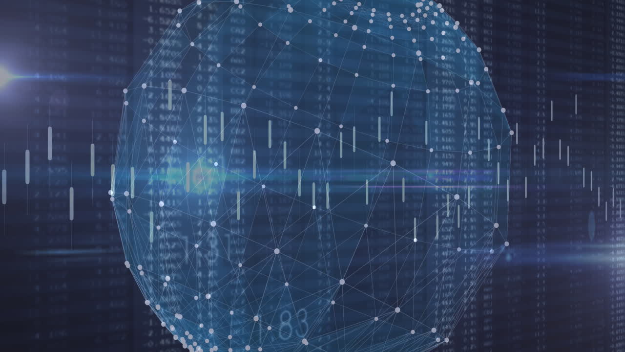 Animation of financial data processing over globe on black background