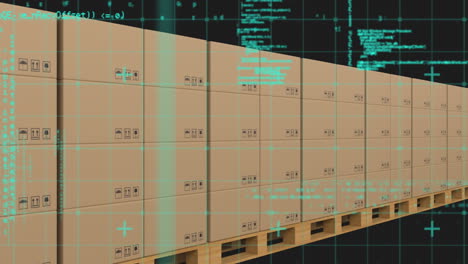Animation of grid pattern and computer language over cardboard boxes against black background