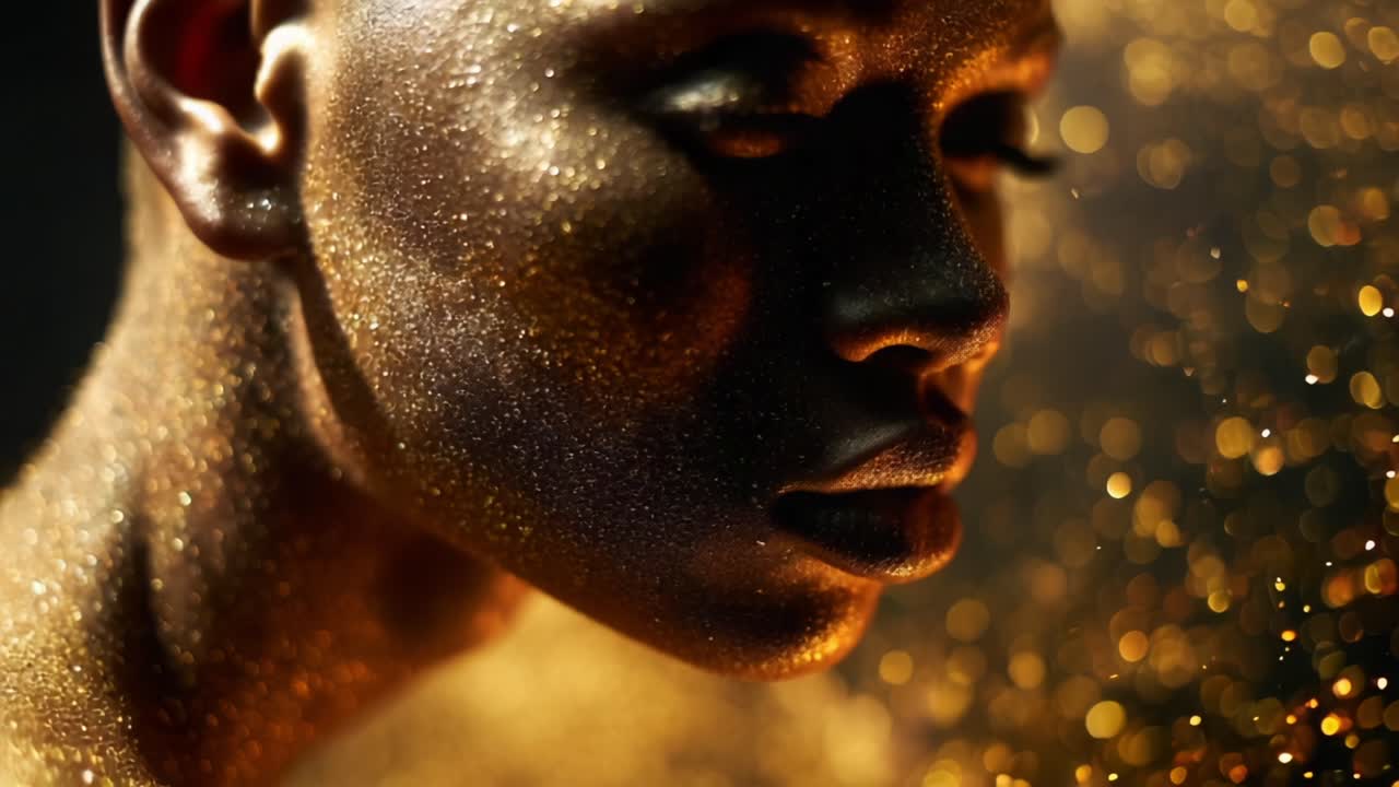 A stunning and shimmering display of golden glitter cascading along a beautifully sculpted face, capturing the essence of elegance and artistry in a mesmerizing close-up shot that evokes glamour and allure