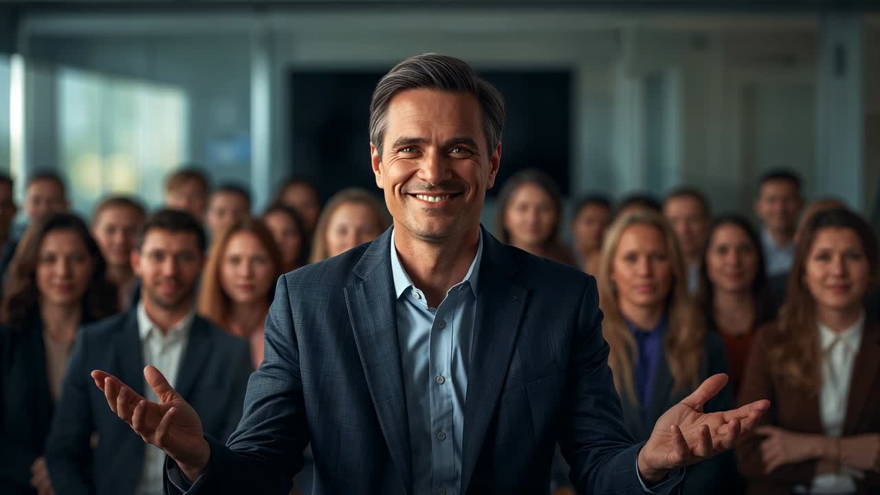 Raising arms presenter in suit scanning colleagues in meeting room, building audience engagement