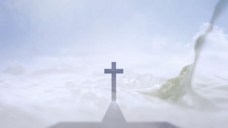flowing water and hills casting shadow over misty landscape with animation