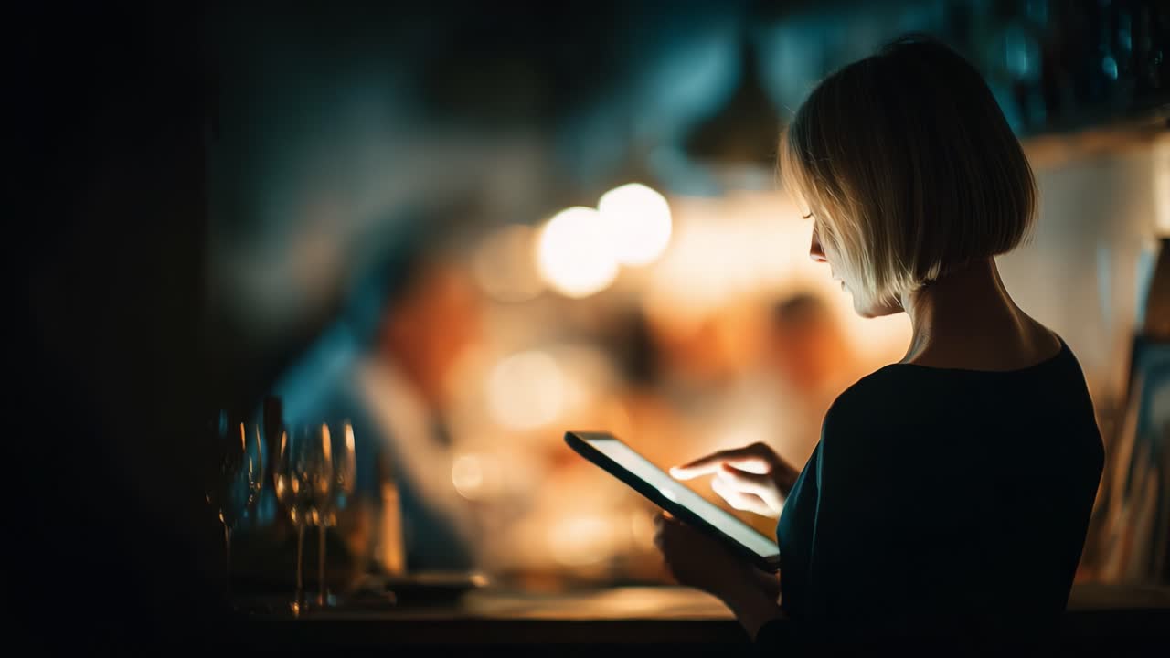 A Thoughtful Moment: A Profile of a Young Woman Engrossed in Reading on a Tablet in a Cozy, Dimly Lit Bar Environment