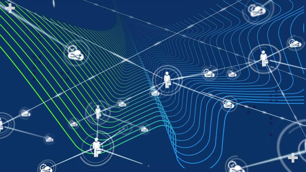 Animation of cloud and man with suitcase icons connecting with lines over multicolor wave pattern