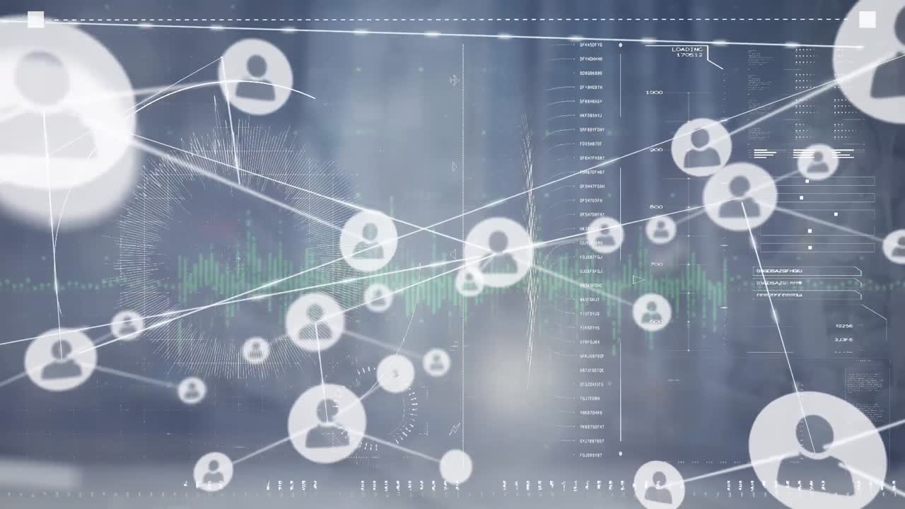 파란색 배경에 대한 데이터 처리 인터페이스를 통해 프로필 아이콘 네트워크의 애니메이션