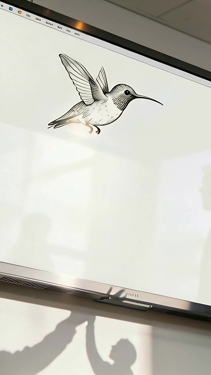 Vertical video: Animating hummingbird moving on screen in class for lesson causing shadows to react