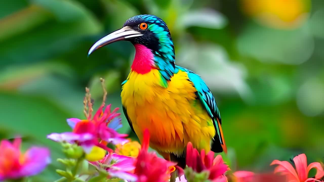 꽃 꼭대기에 앉아 있는 다채로운 새