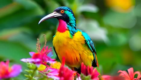 a colorful bird sitting on top of a flower