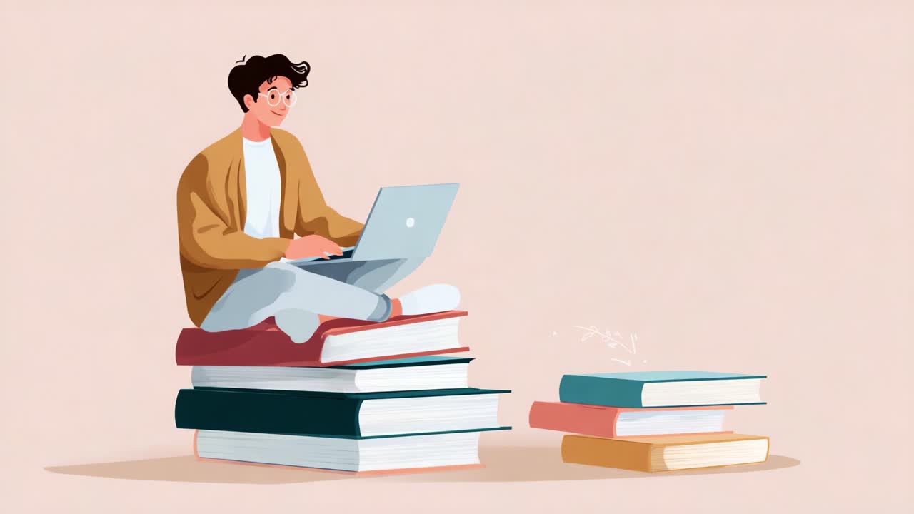 Man Studying with Laptop on Stack of Books
