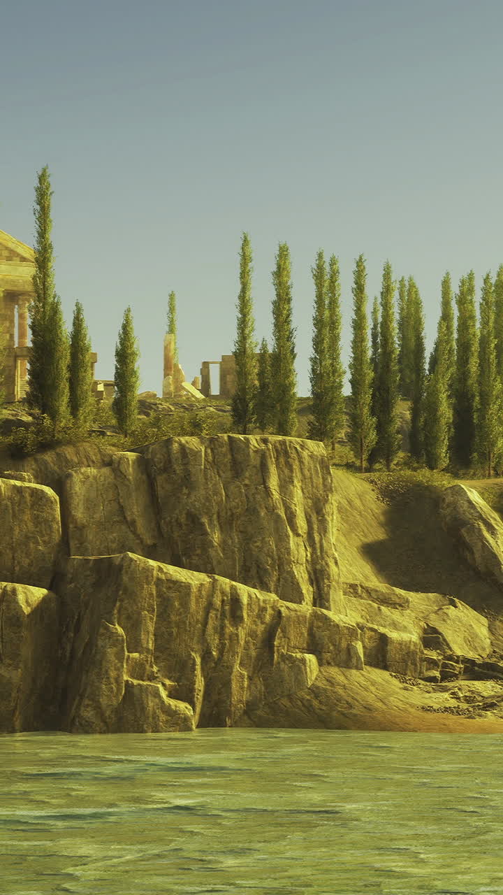 Paisaje sereno con arquitectura antigua junto a las tranquilas aguas de un lago