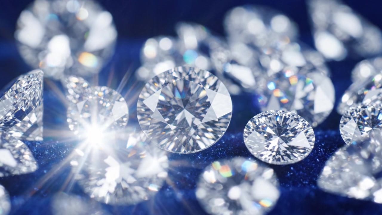 Uma Exibição Encantadora de Diamantes Cintilantes em um Fundo de Veludo Azul Luxuoso, Mostrando Seu Brilho e Elegância Atemporal em Detalhes Requintados
