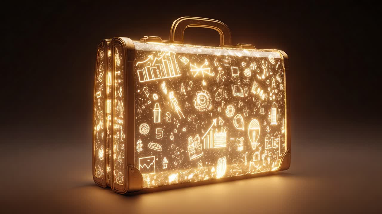 Golden briefcase full of glowing business icons and symbols slowly rotating on a dark background, representing investment, startup ideas, and corporate strategy in a creative conceptual animation