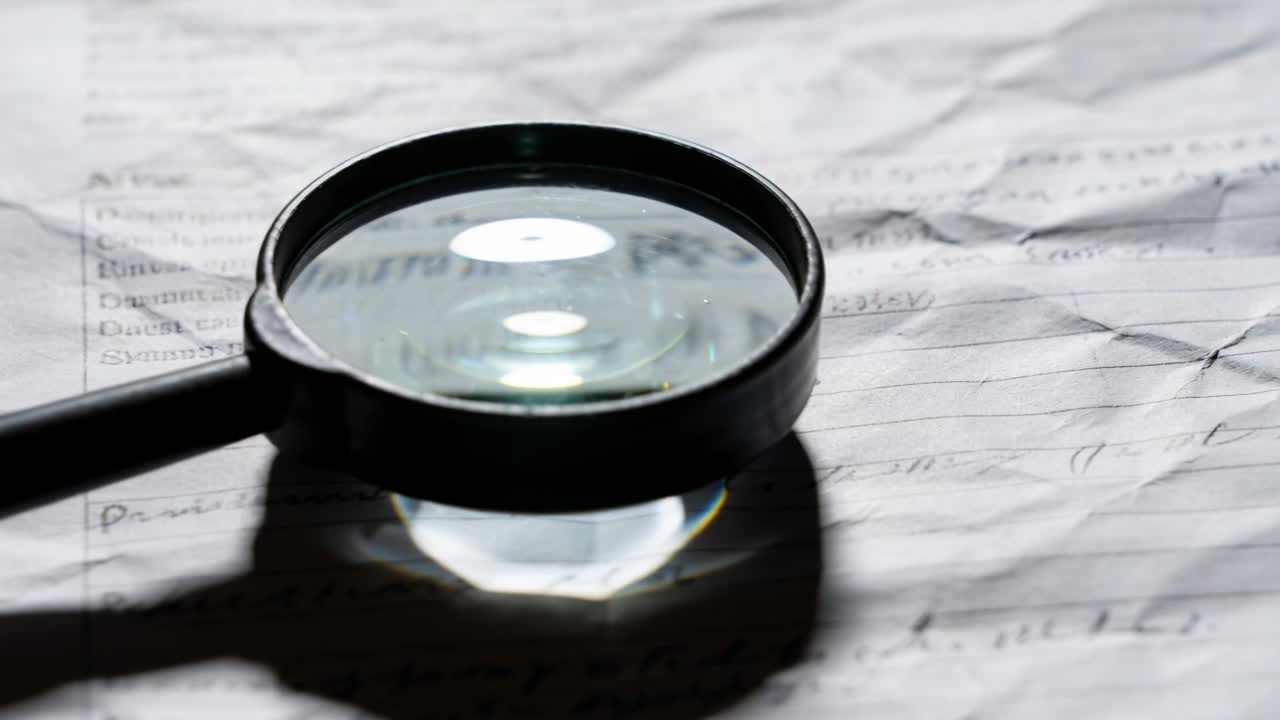 Shifting black-rim lens under lamp glare on desk, showing faint text on crumpled sheet to examine