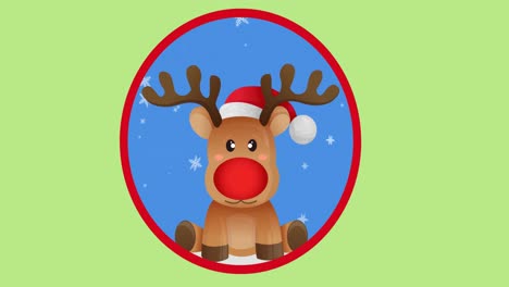 Animation-of-snow-falling-and-reindeer-on-green-background