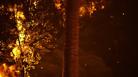 wildfire engulfs forest with vibrant flames and dancing embers at twilight