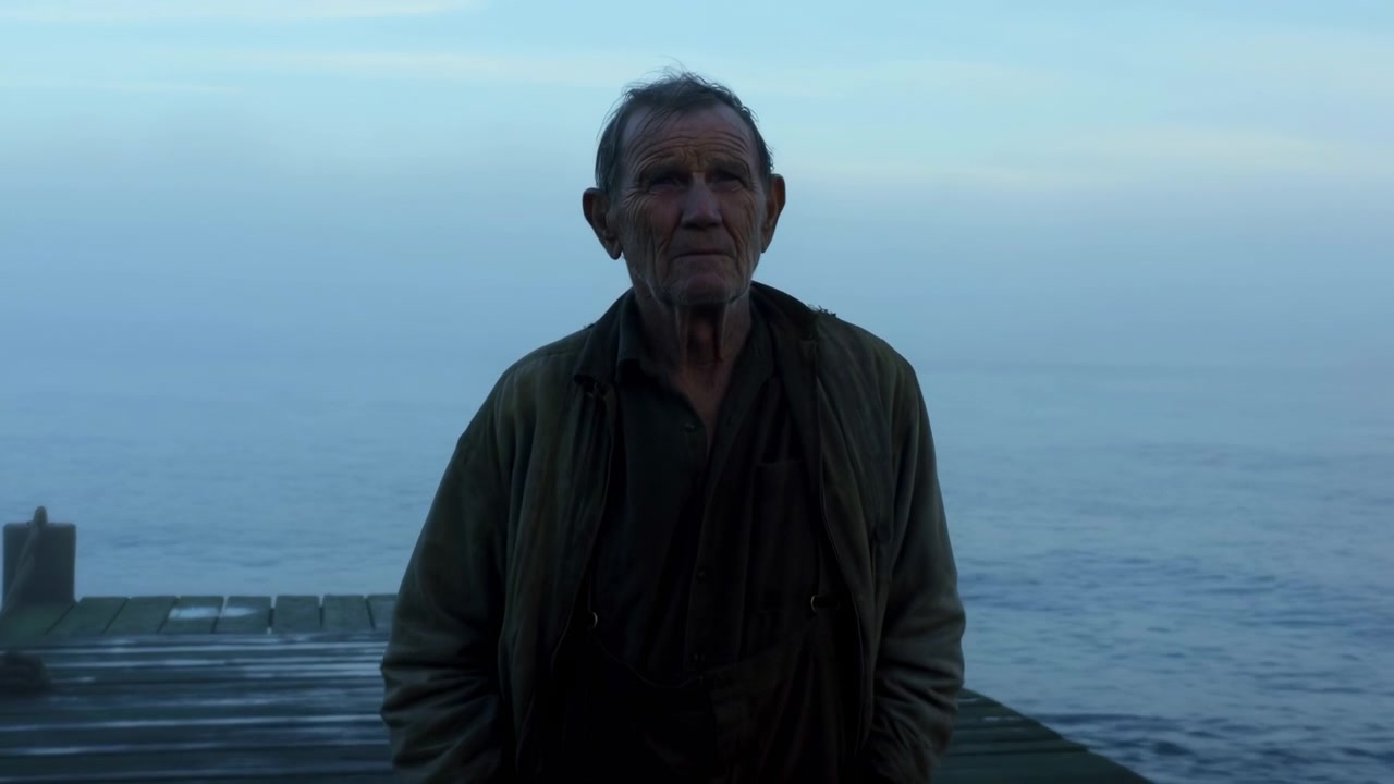 Muelle brumoso al amanecer, pescador blanco, hombre mayor solitario de pie con las manos en los bolsillos, rostro y chaqueta curtidos