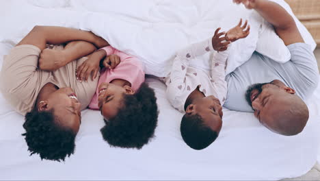 love, top view and happy black family in a bed