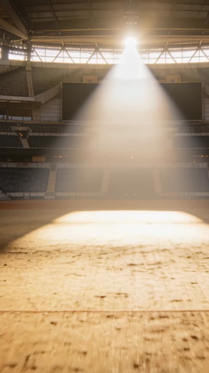 Video verticale: Fascio di luce verticale che si allarga dal tetto, rivelando un ovale polveroso sul campo nello stadio.