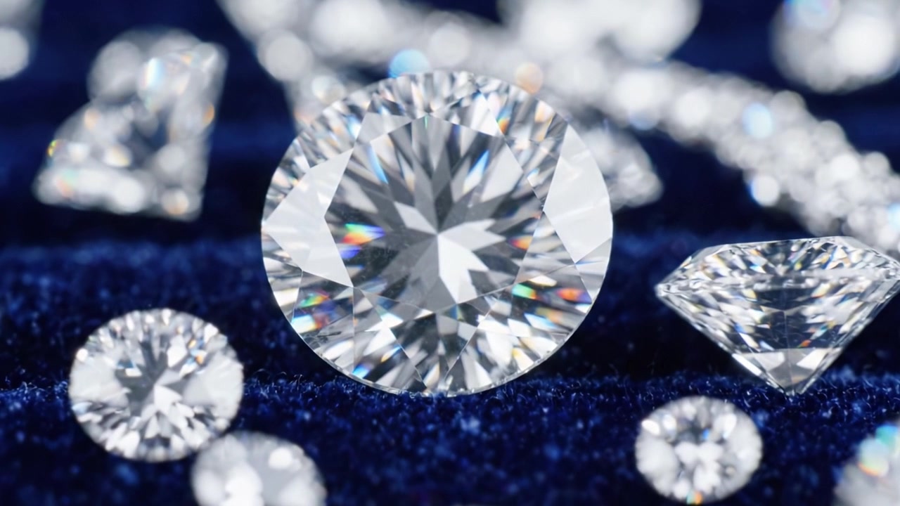 Eine atemberaubende Sammlung brillanter Diamanten, die ihr strahlendes Funkeln auf einem plüschigen Samthintergrund zur Schau stellen, perfekt zur Veranschaulichung von Luxus und Eleganz.