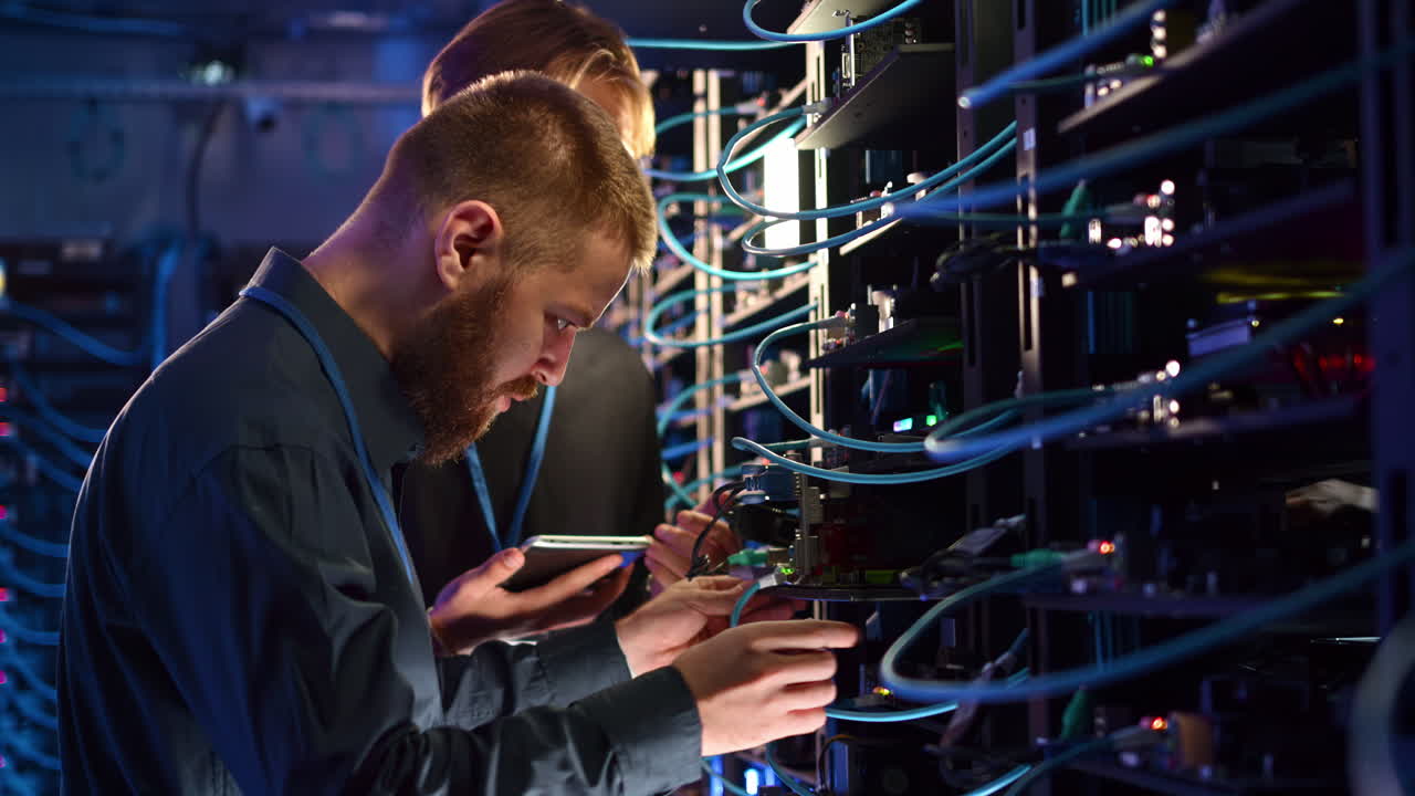 Two men analysing servers in a data centre