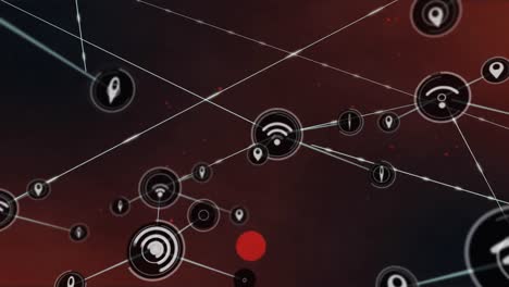 Animation-of-network-of-connections-with-digital-icons-over-red-specks